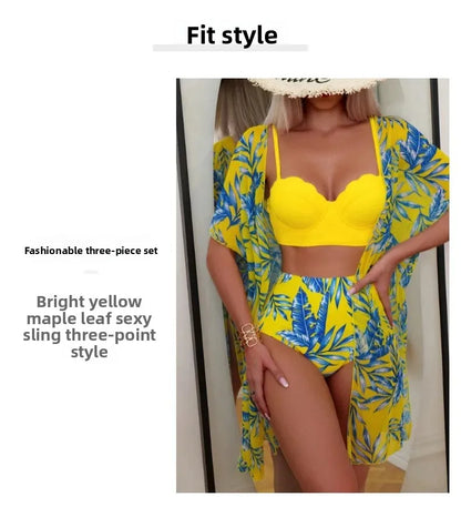 High Waist Leaf Print Bikini Swimsuit with Net Cover up Slimming Design Cross-Border New Style Women's Fashion Swimwear