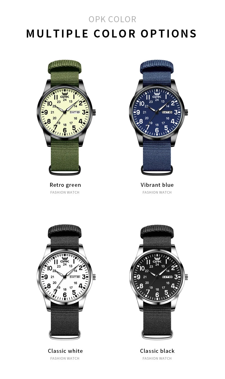 OPK 6090 Quartz Watches for Man Fashion Casual Nylon Webbing Watchband Dual Calendar Waterproof Luminous Men's Sports Watches