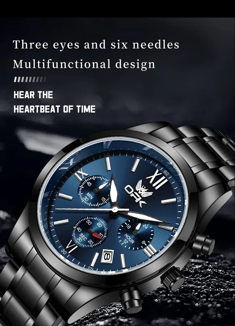 OPK 6052 Chronograph Quartz Wristwatch Original Steel Strap Waterproof Luminous Calendar Fashion Elegant Men's Business Watches