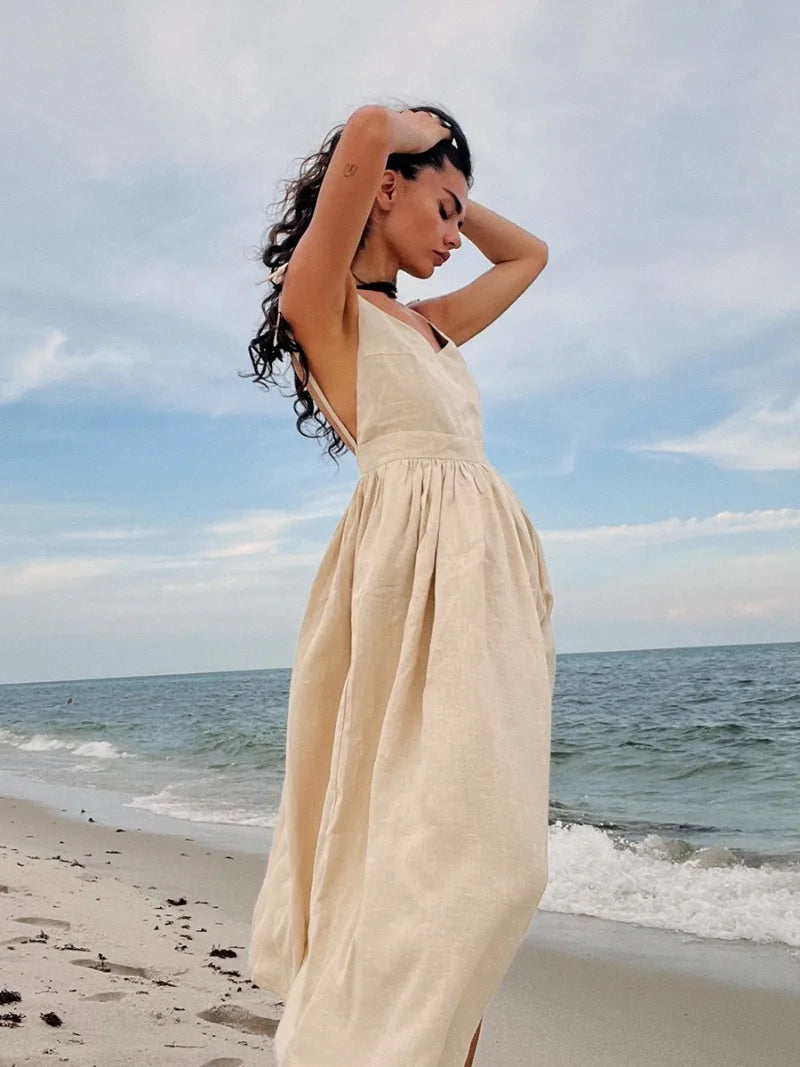 TARUXY Sexy Backless Beach Dress For Women V Neck Splice Folds Long Dresses Womens Party Elegant Bandage Maxi Sundress Female