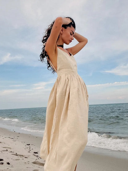 TARUXY Sexy Backless Beach Dress For Women V Neck Splice Folds Long Dresses Womens Party Elegant Bandage Maxi Sundress Female