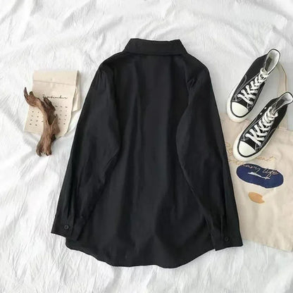 Japanese Style Loose Long Sleeve White Shirts Women Preppy Style Pocket Turn Down Collar Shirt Woman Harajuku Oversized Blouse