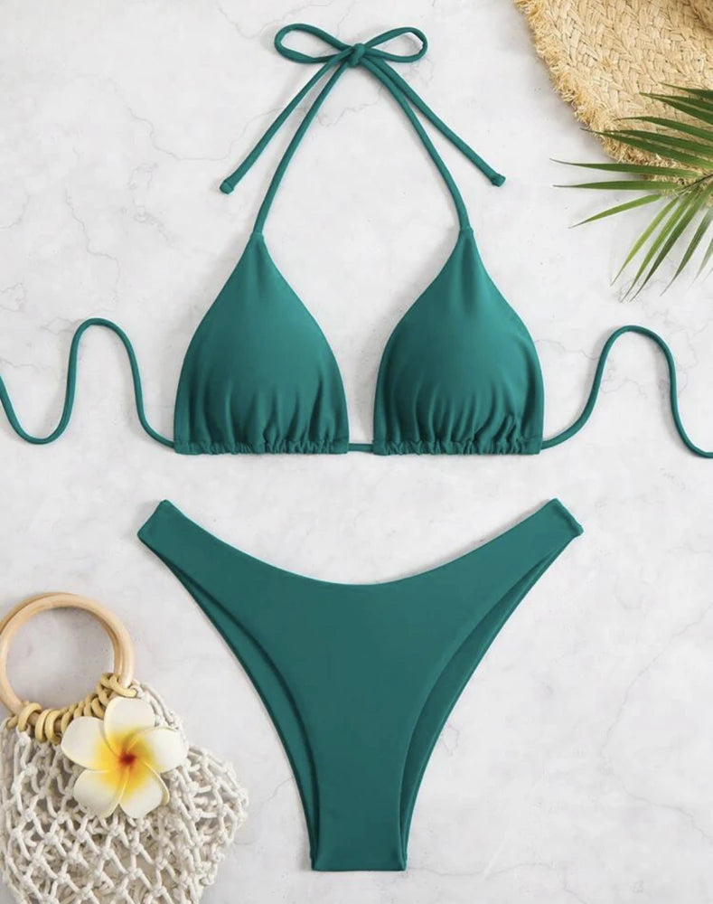 2025 New Bikini Set Women Sexy Simple Solid White/Black/Coffee Halter Bikini Swimsuit Lace Up Brazilian Beach Bathing Suit