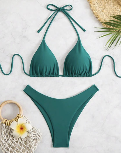 2025 New Bikini Set Women Sexy Simple Solid White/Black/Coffee Halter Bikini Swimsuit Lace Up Brazilian Beach Bathing Suit