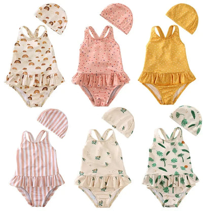 Girls Cute Backless Floral One-piece Swimsuit Baby Bikini Swimwear with hat Sun-proof Beach Vacation Toddlers Kids Chic Swimsuit