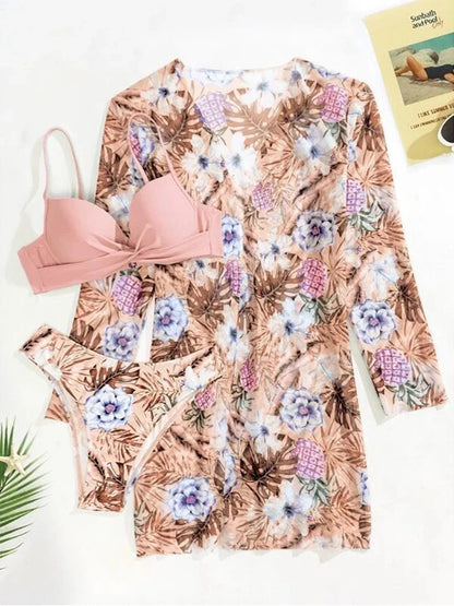Three Pieces Bikini Set Beach Skirt Tunics For Beach Cover Up Swimsuit Women Ruffle Biquini Bathing Suit Summer Beach Wear