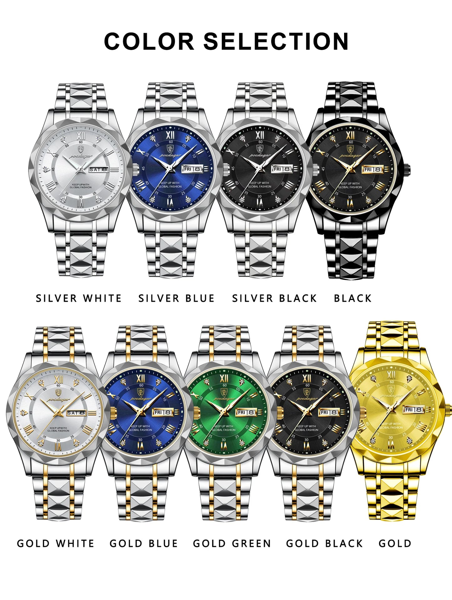 POEDAGAR Top Classic Men's Quartz Watches Waterproof Luminous Stainless Steel Man Wristwatch Date Week Original Men Watch Reloj