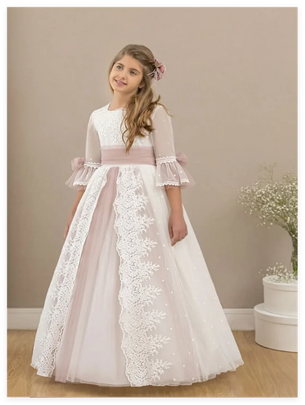 Pink Flower Girl Dresses Tulle Puffy Tiered Flory Pattern Long Sleeve For Wedding Birthday Party First Communion Gowns