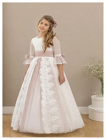 Pink Flower Girl Dresses Tulle Puffy Tiered Flory Pattern Long Sleeve For Wedding Birthday Party First Communion Gowns
