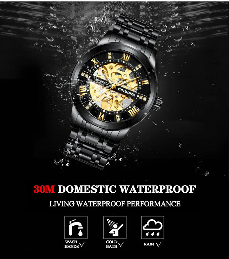 Bindond Mens Automatic Mechanical Watches Top Brand Luxury Stainless Steel Waterproof Hollow Male Wristwatches Relogio Masculino
