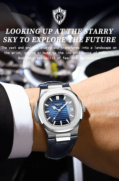 BINBOND precise quartz wristwatches for men luxury luminous waterproof auto date leather strap durabble men's watch casual reloj