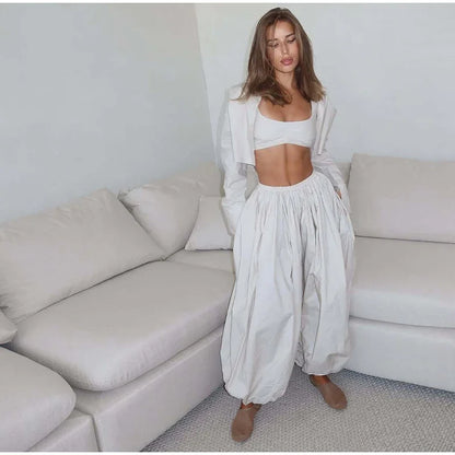 Women Low-rise Lantern Pants 3-piece Set Casual Striped Sleeveless Vest Long Sleeve Lapel Shirt Sets 2026 Lady Street Outfits