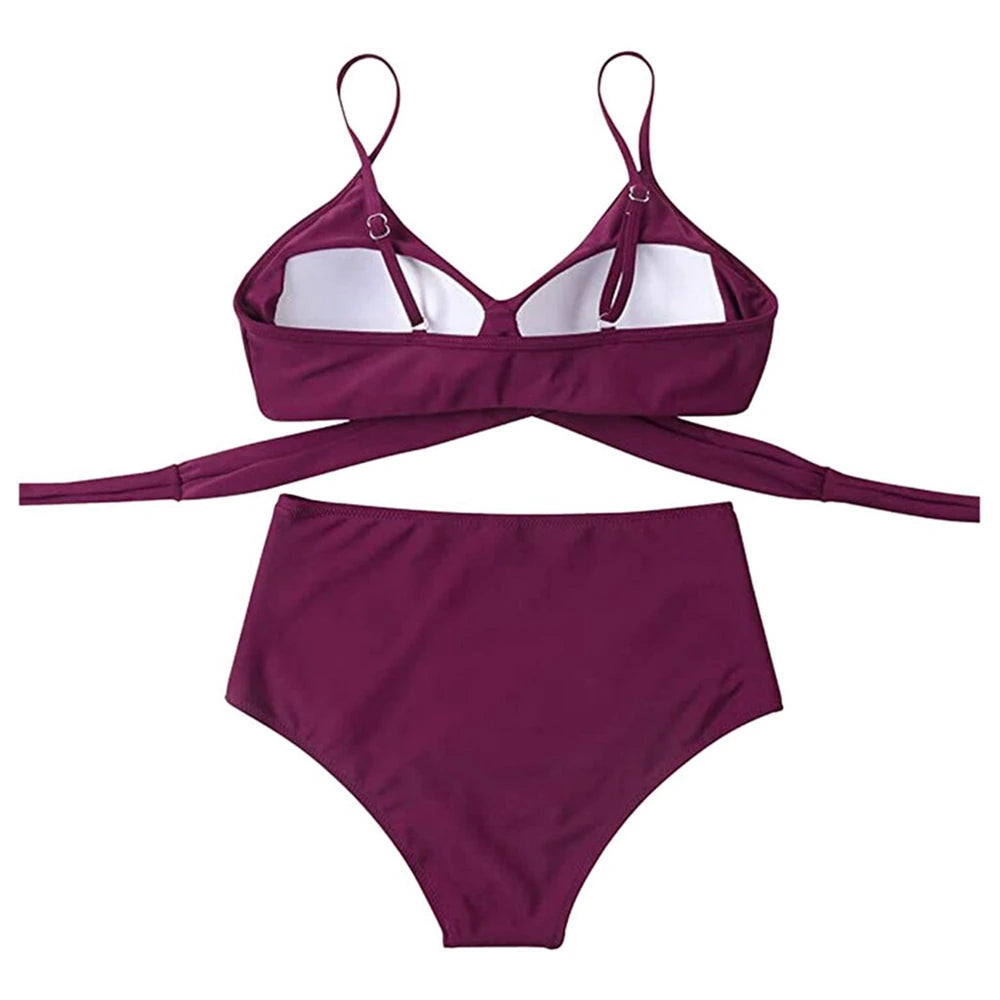 Hot 12 Colors Women Slim Bikini Sets High Waisted Sexy Swimwear 2 Pieces 2025 Solid/Floral Ruched Brazilian Swimsuit Cross Front