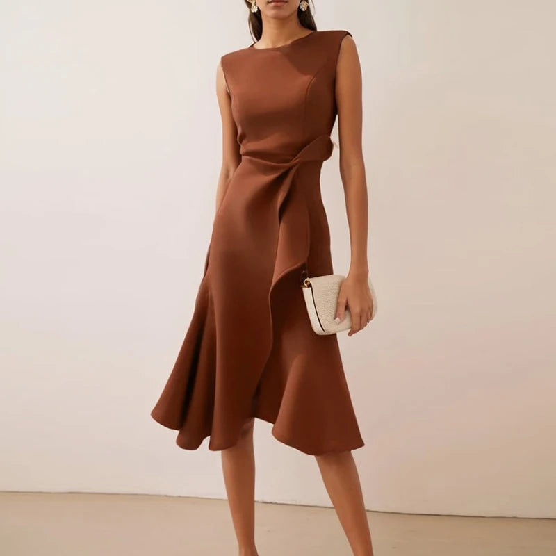 Women Crew Neck Ruffle Banquet Dress Elegant Spring Solid High Waist Slim Long Dress 2025 Summer Sleeveless A-Line Party Dresses