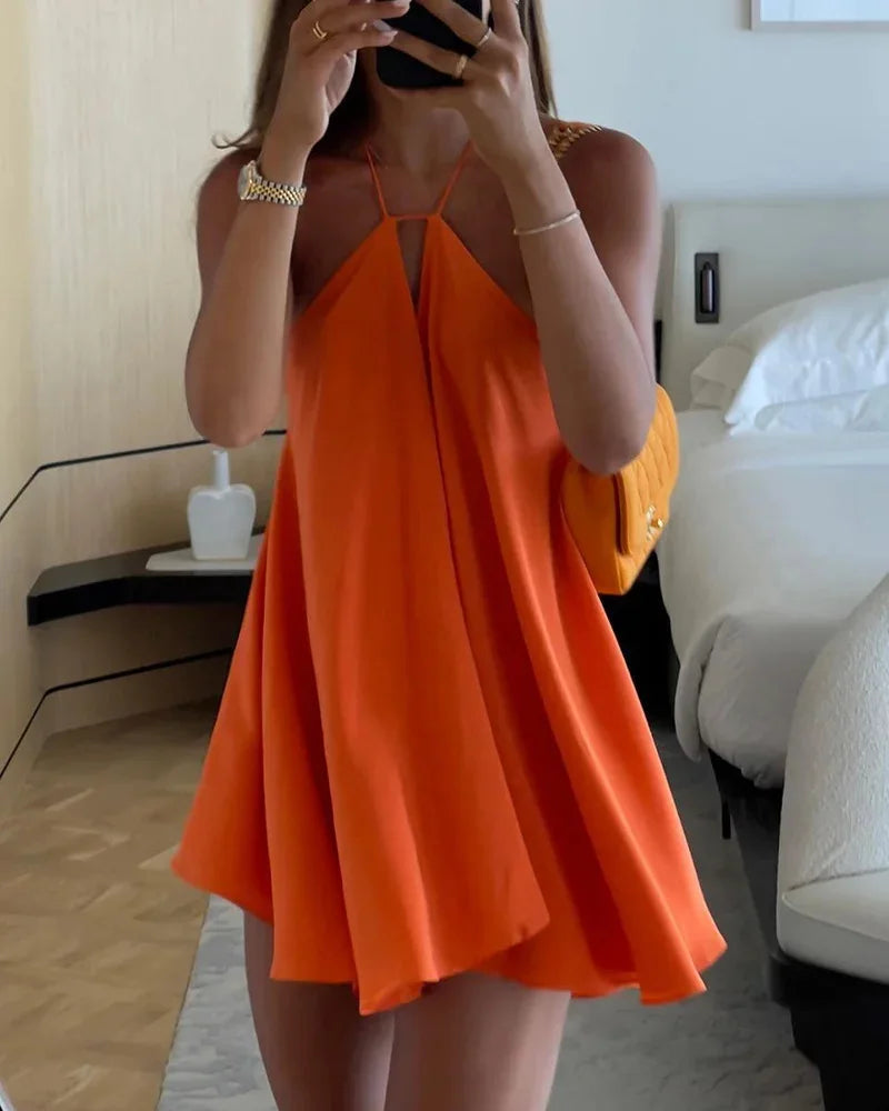 Women Summer Dress Solid Color Sling Spot Europe Sexy Deep V-neck Halter Loose A-line Woman Mini Dresses Vestidos MBR7108