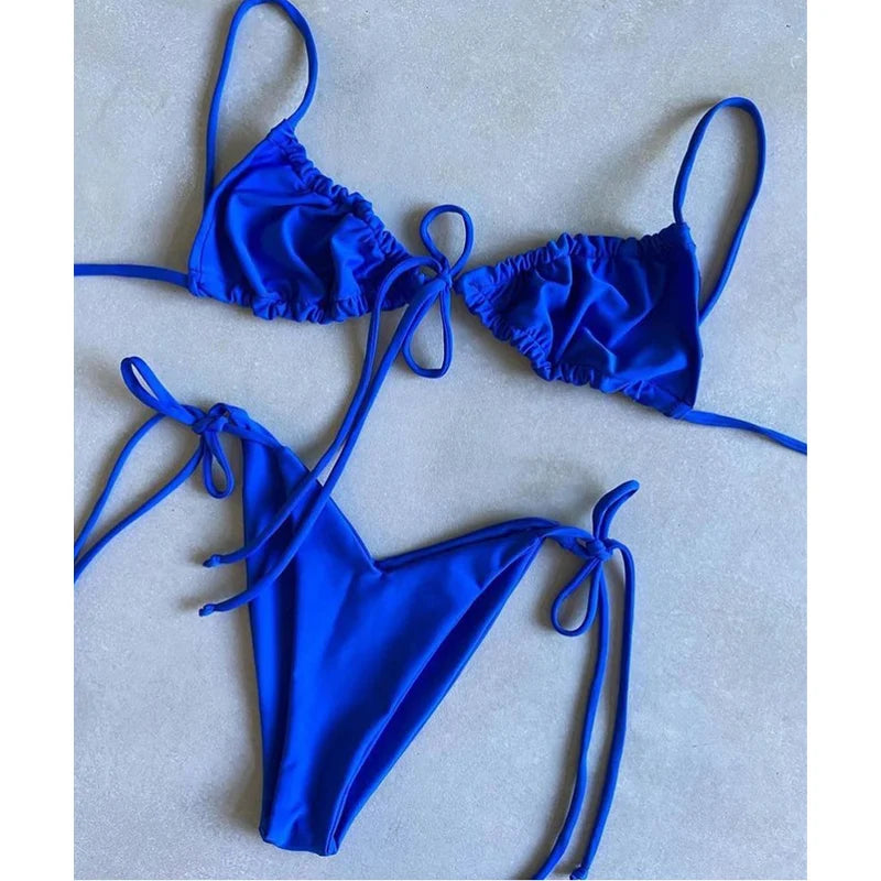 BIQIUYYI Brazilian Sexy Micro Mini Thong Bikini Set Summer Bandage Swimsuit Women Pleated Bathing Suit Beachwear Halter Biqiuni