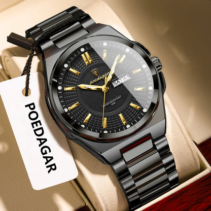 POEDAGAR Top Business Men's Watches Stainless Steel Waterproof Luminous Man Watch Date Week Quartz Casual Fashion Men Wristwatch
