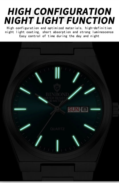 BINBOND Fashion B102 Men Business Watch Leisure Quartz Stainless Steel Buckle Watches Waterproof Luminous Calendar Men's Watches