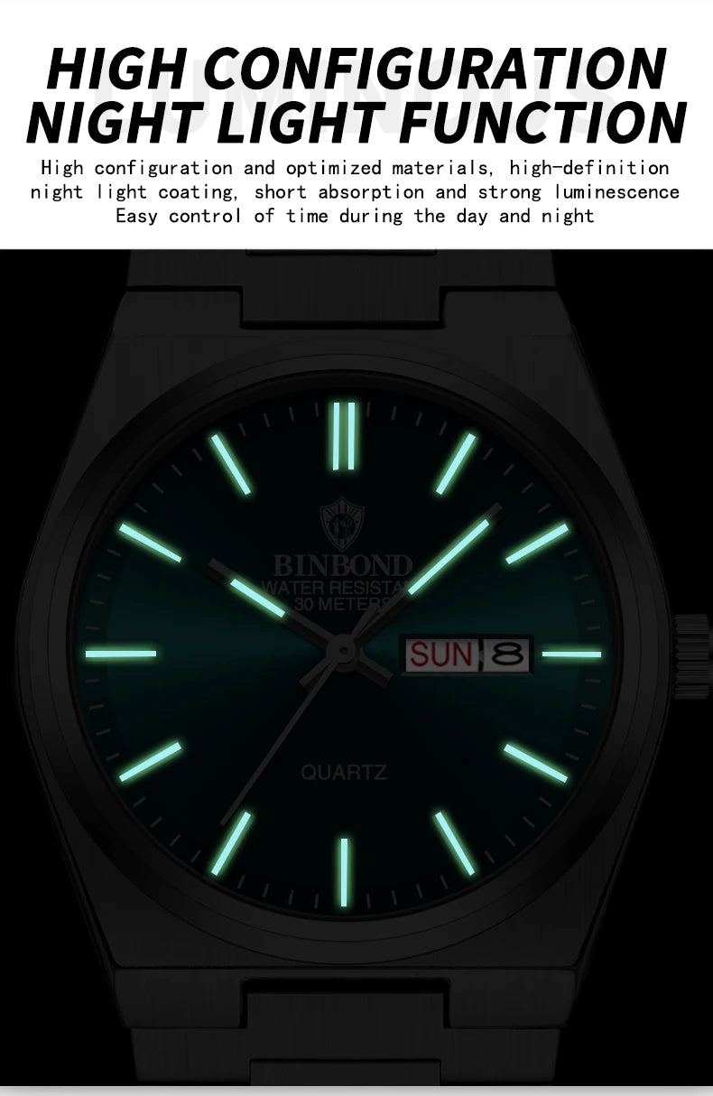 BINBOND Fashion B102 Men Business Watch Leisure Quartz Stainless Steel Buckle Watches Waterproof Luminous Calendar Men's Watches