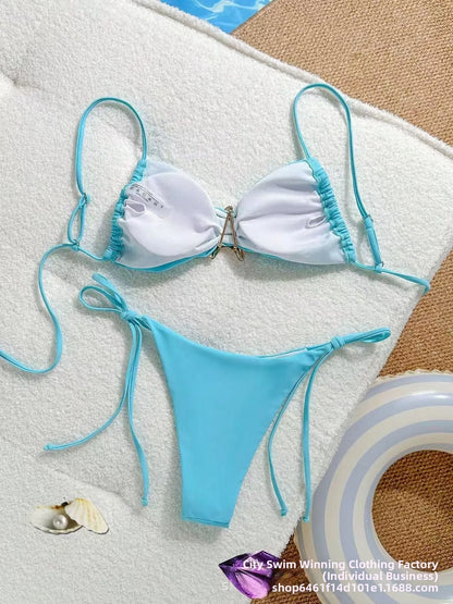 Sexy Solid Color Bikini Set Two Piece Swimsuit Pure Color Quick Dry Backless High Elasticity Nylon Fabric for Swimming And Wa...
