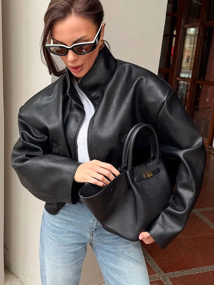 Women's 2025 Fall Winter Black PU Leather Jacket Oversized Commuter Style PU Leather Jacket for Women Office Wear Coat