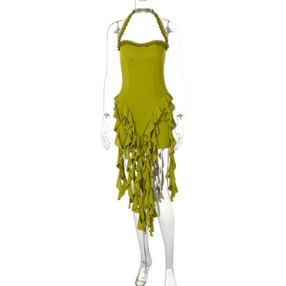 Dulzura Sleeveless Halter Ruffles Patchwork Mini Dress Women’S Solid Sexy Outfit Prom Party Clubwear Autumn Winter Clothes