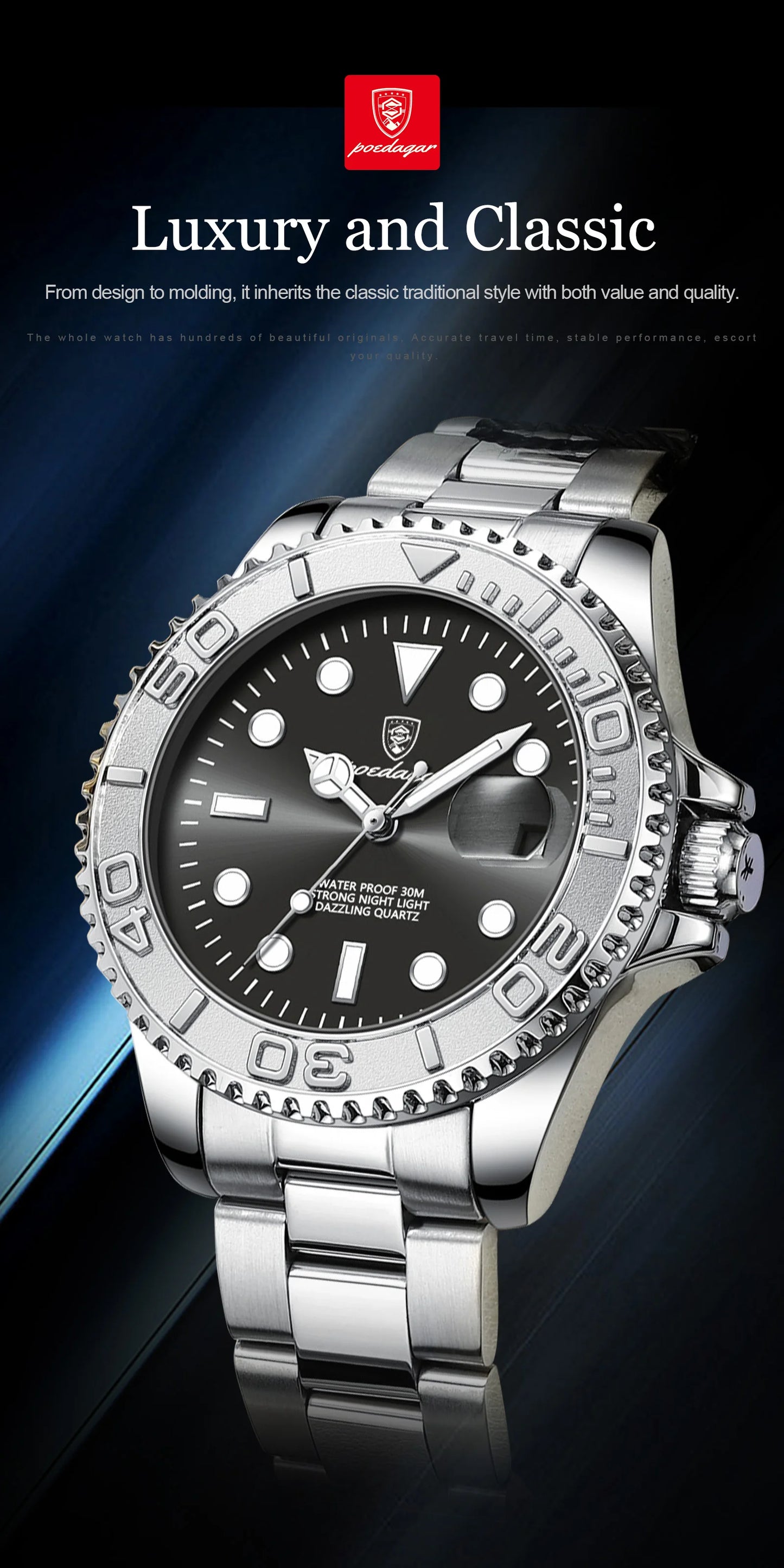 POEDAGAR Top Luxury Male Watch Waterproof Luminous Date Men Watch Stainless Steel Male Clock Sport Fashion Men's Quartz Watches