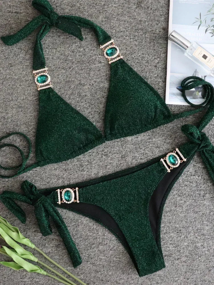 2026 Shiny Rhinestone Diamond Bikini Women Swimsuit Female Swimwear Two Pieces Bikini Set Halter Metal Chains Bathing Suit Swim