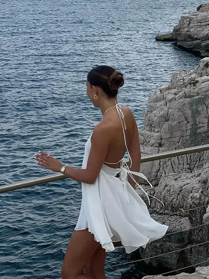 Sexy White Halter Backless Short Dresses Back Lace Up Tie-Waist Sexy Summer Beach Party High-Street Mini Dress Vestido For Woman