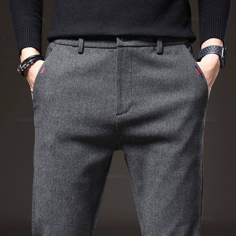Spring Men's Casual Pants Business Fashion Elastic Waist Slim Fit Stretch Thick Gray Black Cotton Trousers Male