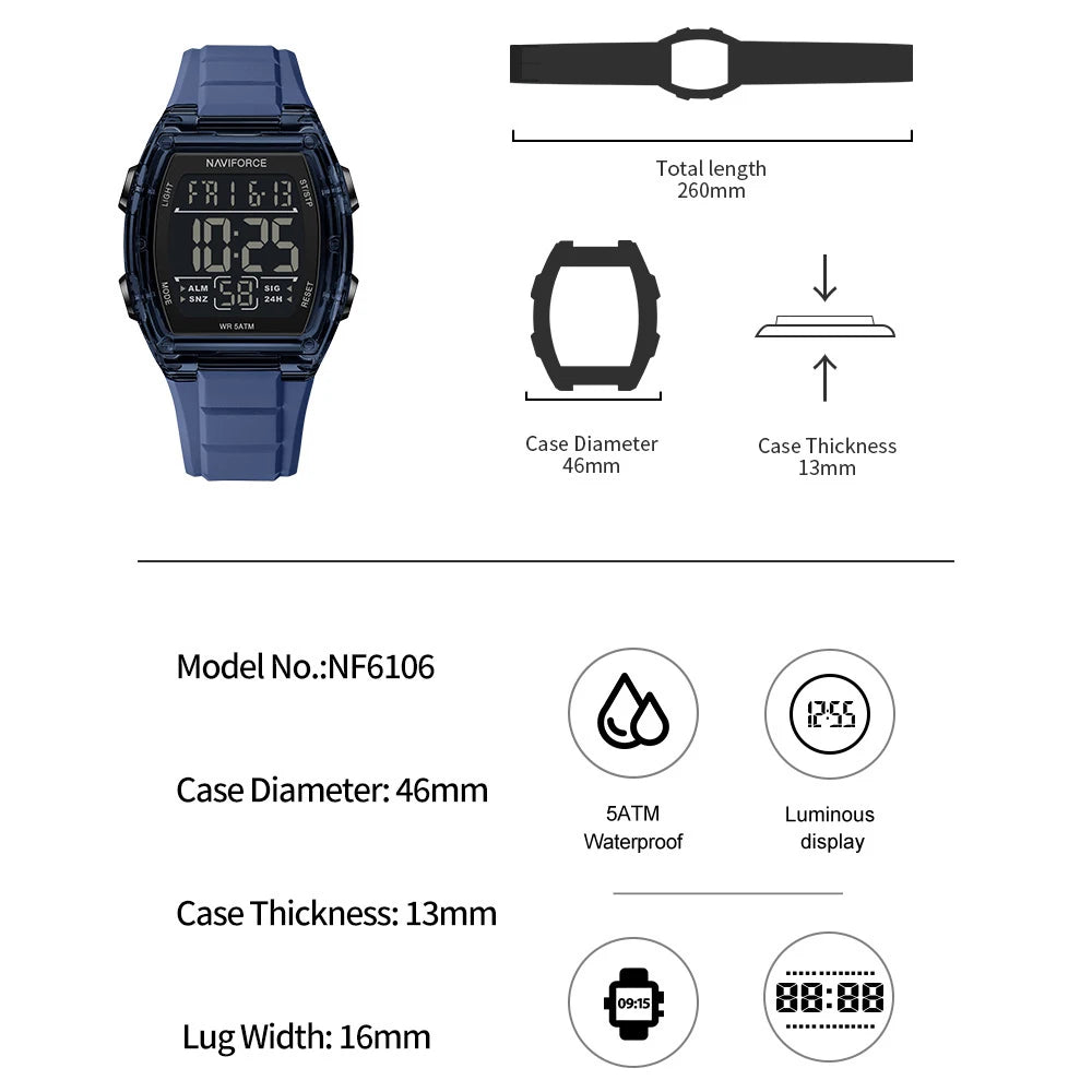 NAVIFORCE Top Brand Luxury Mens Watches Alarm Stopwatch LED Digital Backlight Display Waterproof Sport Watch Men Montre Homme