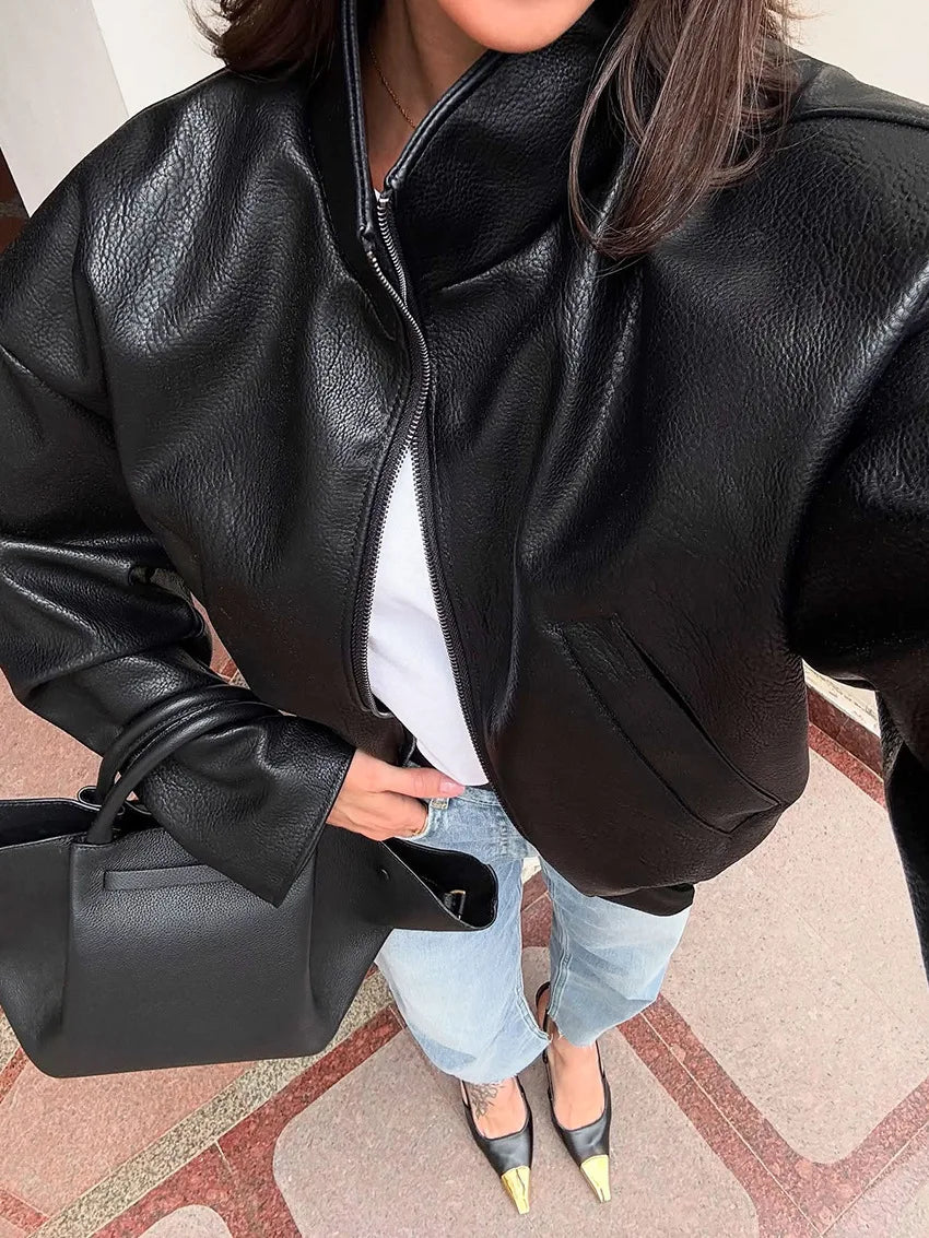 Women's 2025 Fall Winter Black PU Leather Jacket Oversized Commuter Style PU Leather Jacket for Women Office Wear Coat