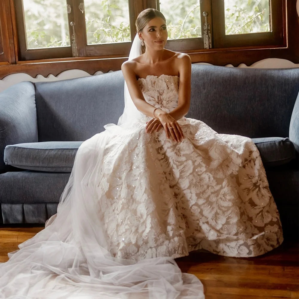 Amanda Customized White Lace Prom Dresses Strapless Floor-Length Head Veil vestidos de noche Trailing A-line Formal Evening 2025