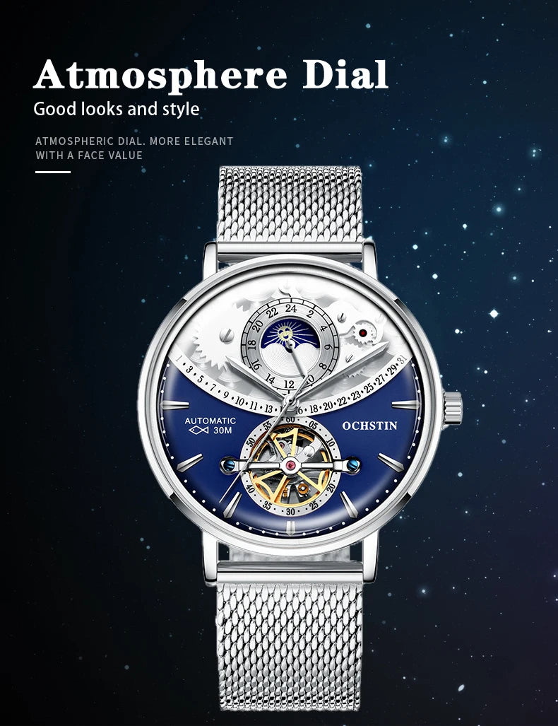OCHSTIN Men's Stainless Steel Mesh Bracelet Watches Man High-Grade Cooktop Glass Skeleton Mechanical Flying Tourbillon Watch