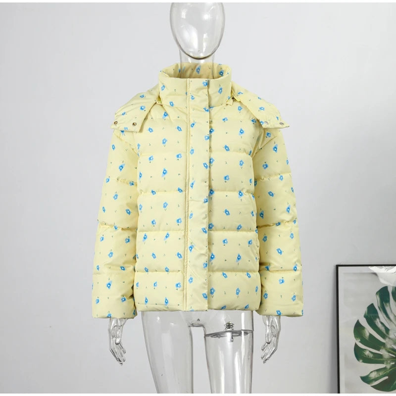Printed Hooded Puffy Cotton Jacket Women Stand Collar Long Sleeve Zipper Loose Padded Coats 2025 Winter Lady Warm Outwear Street