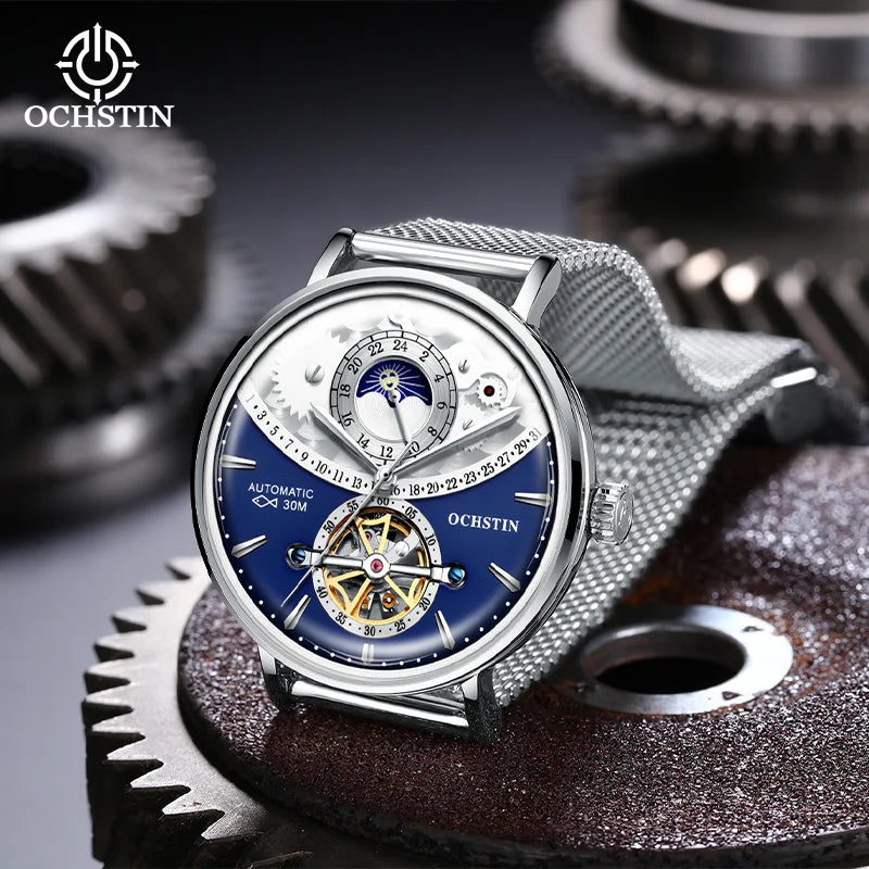 OCHSTIN Men's Stainless Steel Mesh Bracelet Watches Man High-Grade Cooktop Glass Skeleton Mechanical Flying Tourbillon Watch