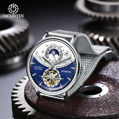 OCHSTIN Men's Stainless Steel Mesh Bracelet Watches Man High-Grade Cooktop Glass Skeleton Mechanical Flying Tourbillon Watch