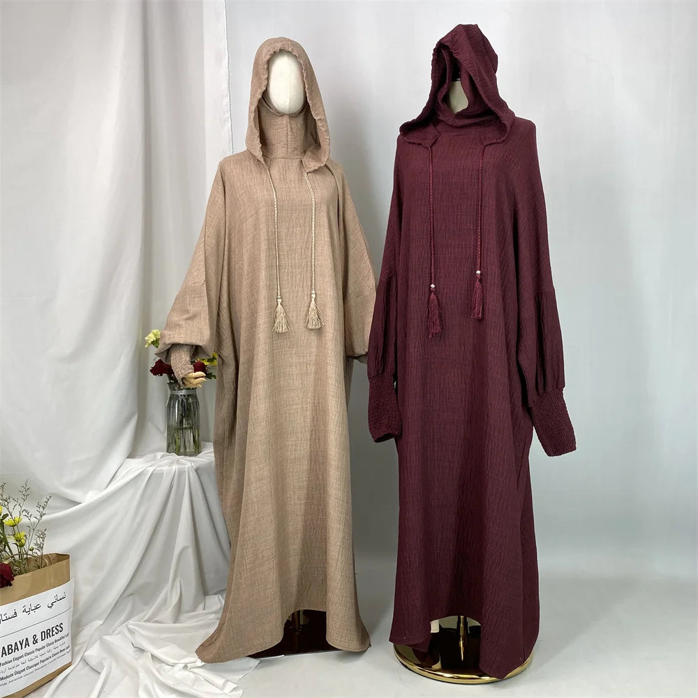 Hot Seller Ramadan Islamic Clothing Wrinkle Polyester Hoodie Abaya Dress With Undercap Muslim Women Abaya Hoodie Causal Dresses