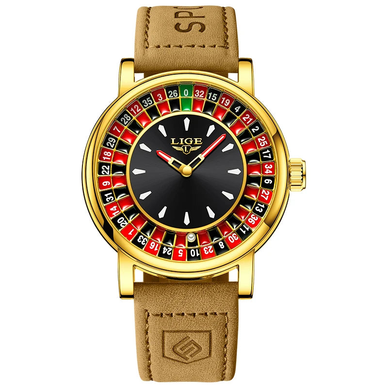 LIGE Quartz Man Watch Fashion Luxury Creative Roulette Game Dial Design Leather Casual Life Waterproof Watches for Men Gifts+Box