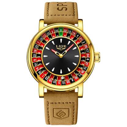 LIGE Quartz Man Watch Fashion Luxury Creative Roulette Game Dial Design Leather Casual Life Waterproof Watches for Men Gifts+Box