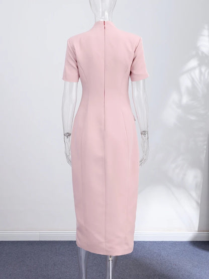 Women's High Neck Bodycon Midi Dress Short Sleeve Gold Button Split Hem Dresses 2026 Female Elegant Formal Evening Party Robe