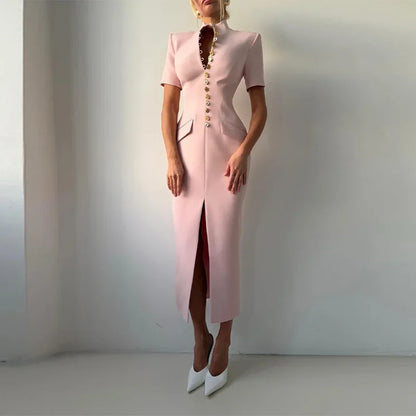 Chic Single Breasted Women's Dress Short Sleeve Slim Female Long Dresses 2026 Spring Summer Elegant Party Front Split Lady Robe