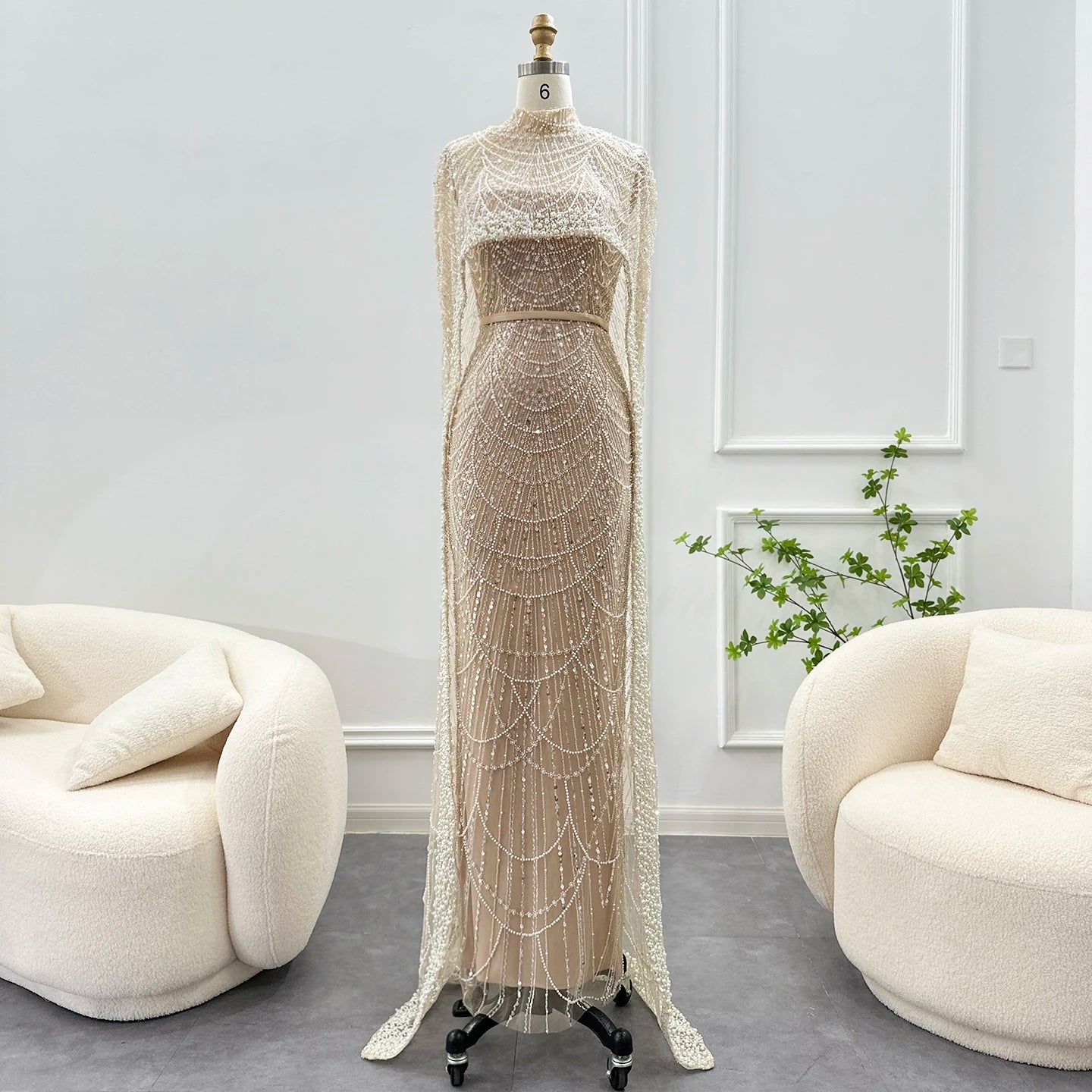 Sharon Said Luxury Pearls Dubai Champagne Evening Dresses with Cape New Arabic Women Mermaid Wedding Party Prom Dress SS369