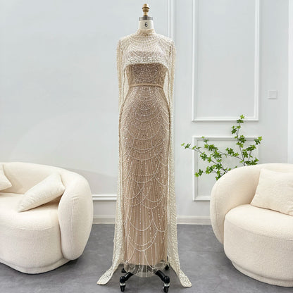 Sharon Said Luxury Pearls Dubai Champagne Evening Dresses with Cape New Arabic Women Mermaid Wedding Party Prom Dress SS369