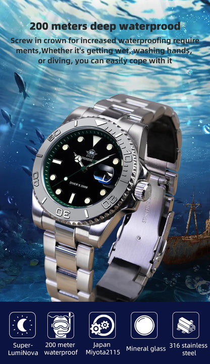 ADDIESDIVE Men's Watch BGW9 Super Luminous 316L Stainless Steel 20Bar Diving Quartz Steel Watches