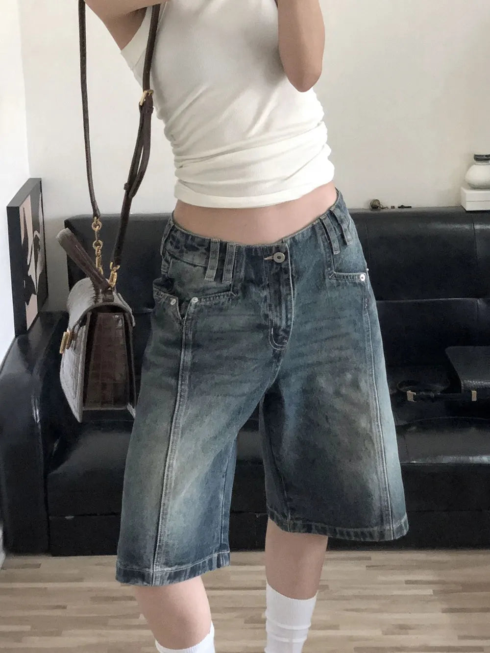 American Retro Blue Denim Shorts Women Korean Style High Waist Biker  Jeans Feminino 2026 Summer Chic Streetwear