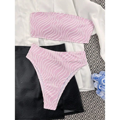 Sexy Wave Striped Bandeau High Waist Bikini Female Swimsuit Women Swimwear Two-pieces Bikini set Bather Bathing Suit Swim K5445