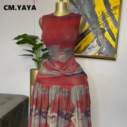 CM.YAYA Elegant Women Print Sleeveless Sweet O-neck Floor-Length Long Dress 2025 Beach Party Birthday Sexy Split Pleated Dresses