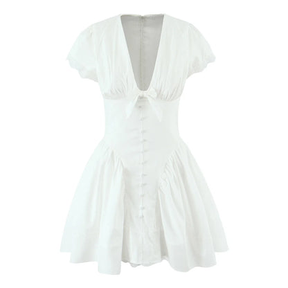 YENKYE Sweet Cute White Mini Dress For Pretty Girl Elegant A-line Bow V Neck Summer Dresses Party Robe Vacation Vestidos 2025
