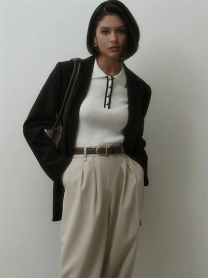 Tossy Knit Sweater Pullover Women Short Sleeve Patchwork Slim Lapel Elegant Contrast Knitwear Top Female Skinny Ribbed Pullover